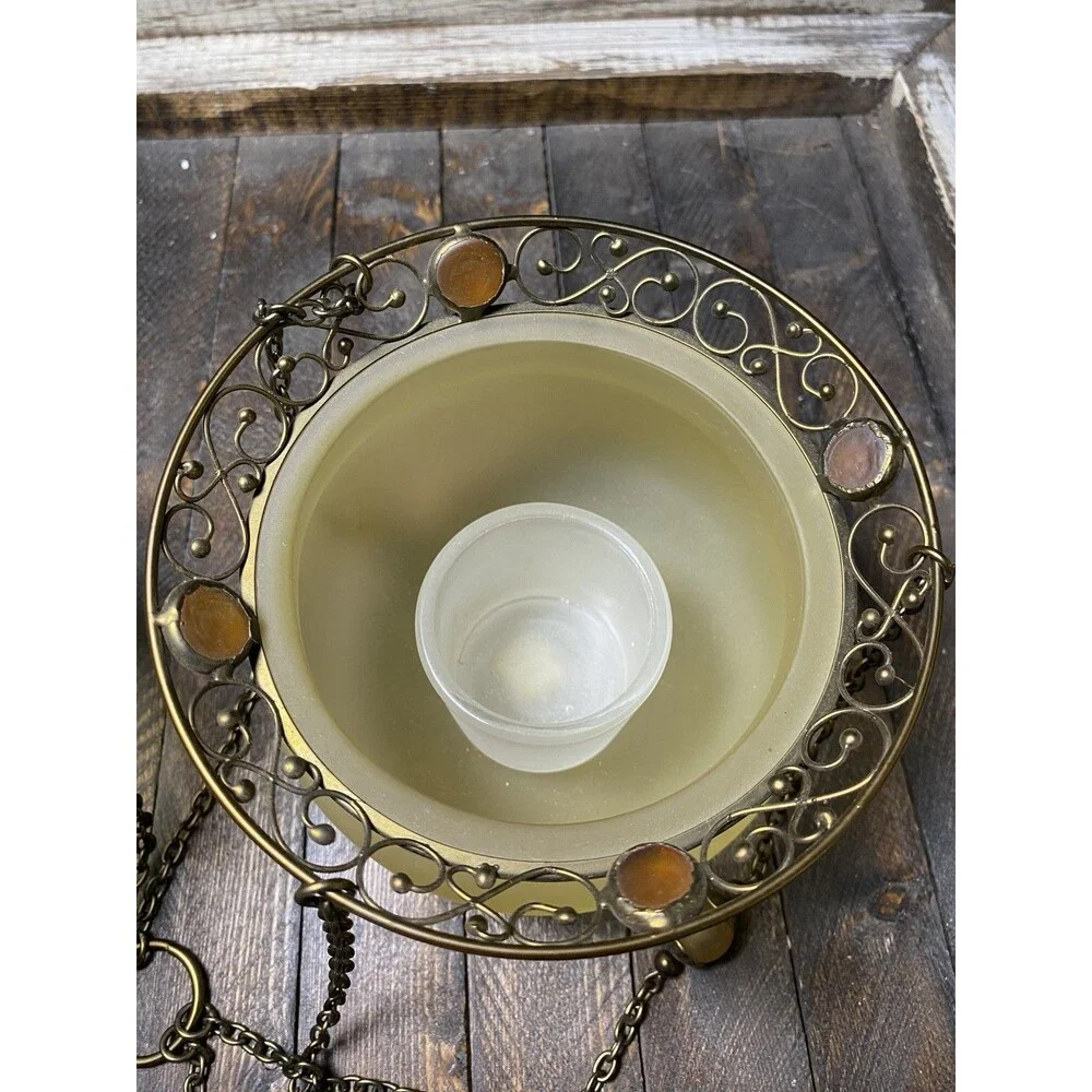 PartyLite Frosted Amber Glass Hanging Votive Candle Holders Pair Ornate Brass - Picture 5 of 9